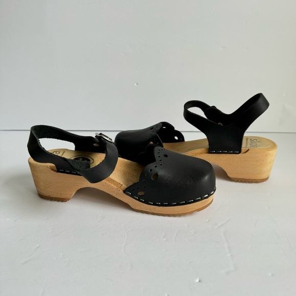 Skola Kajsa Clogs Mary Jane Sandals Black Leather Wood Sole Shoes Womens 36 6 - Picture 4 of 12